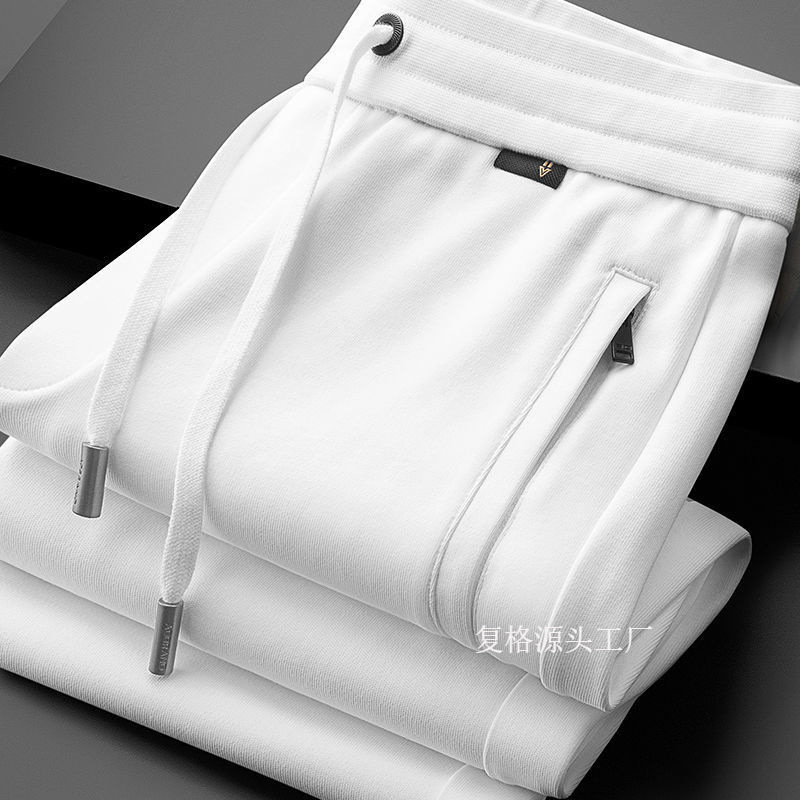 高端白色休闲卫裤男士春秋季新款宽松直筒运动裤加绒加厚弹力裤子