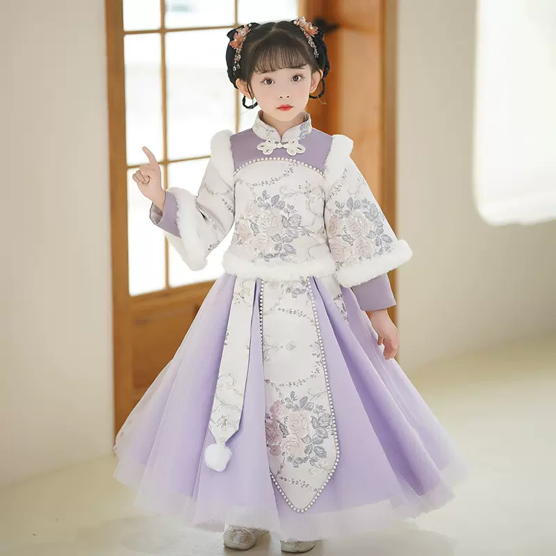 兔年女孩冬装汉服女童冬季新年套装加厚儿童拜年服加厚唐装过年装