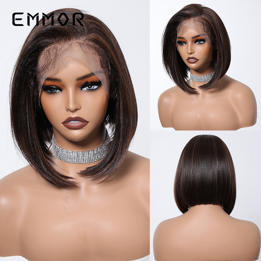 13*6 pelucas europeas y americanas de encaje lace de área grande para mujeres, costura aleatoria, cabello lacio marrón oscuro hasta los hombros, cubierta completa, cubierta