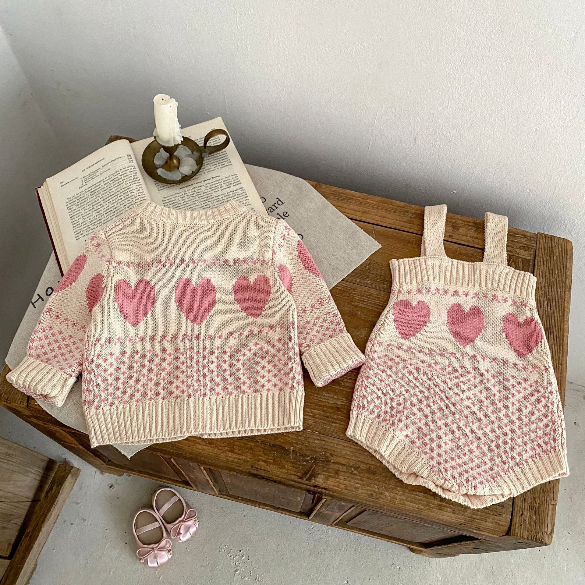 Kannerkleeder 2024 Hierscht nei Damen Schatzpullover Häerz Jacquard Zwee-Stéck Set, Ronn Hals Jackett+Schëller_voghion.com