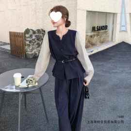 法式洋气假两件衬衫上衣秋季套装女2026新款休闲减龄阔腿裤两件套