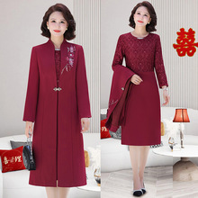 妈妈春秋连衣裙新款婚宴礼服套装中老年女秋冬装喜婆婆裙子两件套
