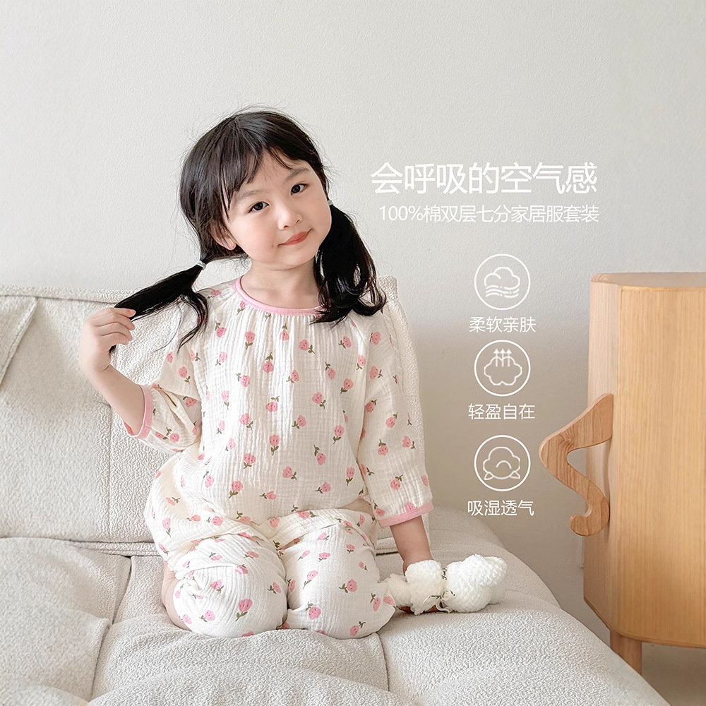 2026 Children's Air Conditioning Home Clothes Cartoon Double-Layer Cotton Gauze Pajamas for Boys and Girls Pure Cotton Summer Thin Style Three-Quarter Sleeve Set