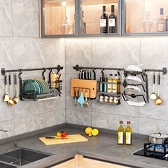 Stainless steel kitchen shelf wall-mounted hole-free hanging rod crossbar basket foldable bowl rack draining rack for home use