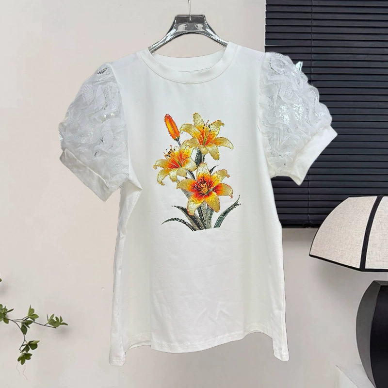 Новая женская футболка с короткими рукавами и объемным цветком, летний топ с короткими рукавами для студенток, пуловер с рукавами-фонариками