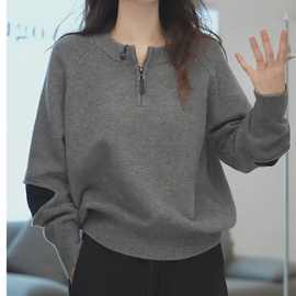 原版一件代发慵懒风毛衣女秋冬新款宽松显瘦半开领打底针织衫上衣