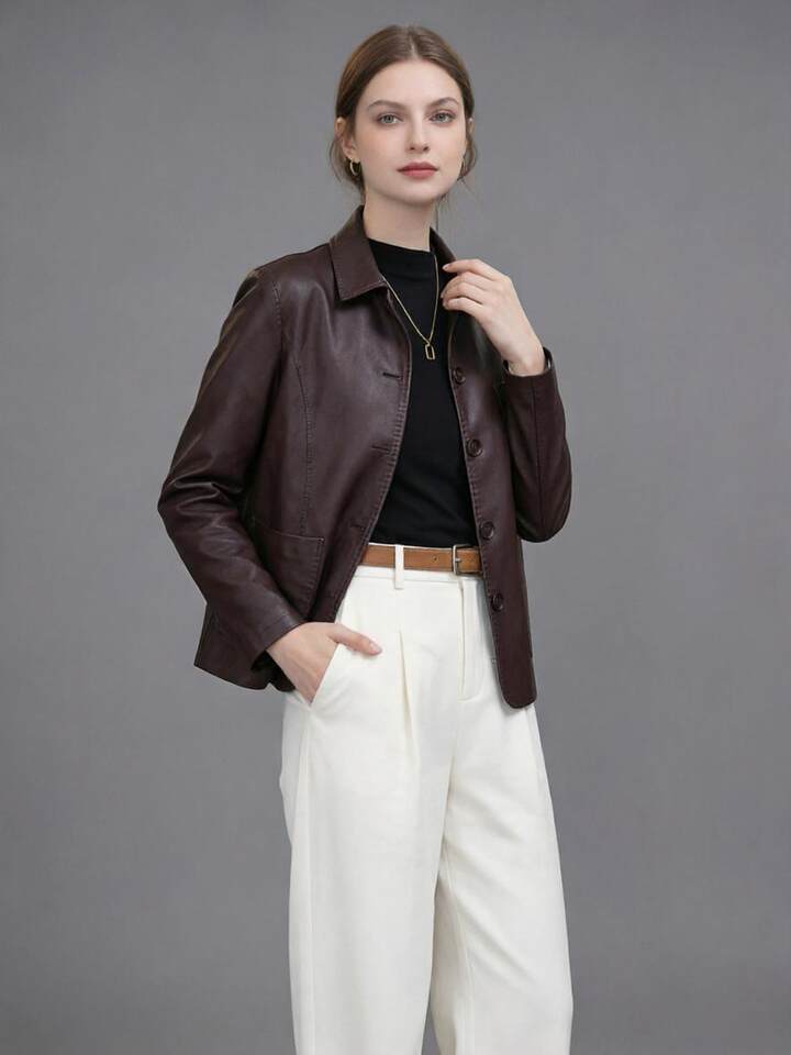 Áo khoác da nữ dáng ôm cổ polo một hàng cúc, tay công chúa, dài áo 50–65 cm — Màu cà phê, Mẫu lót lông màu cà phê, Mẫu lót lông màu đen, màu đen chi tiết 6