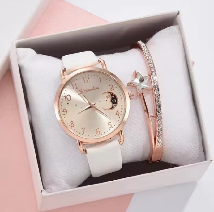 Spot Export New Hot-Selling Women's Quartz Watch Set Pu with Moon Pattern Dial with Calendar Watch