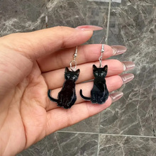 跨境新款可爱黑色猫咪耳环平面亚克力创意卡通动物迷人的黑猫耳饰