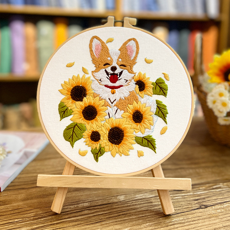 Cachorro de dibujos animados pintura colgante paquete de material de bricolaje bordado a mano flores y plantas de estilo europeo animales pintura pequeña en inglés pintura simple Lu bordado pintura