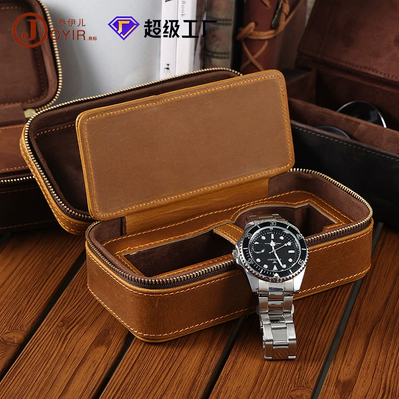 Retro rectangular watch box for traveling, storage box with zipper, genuine leather