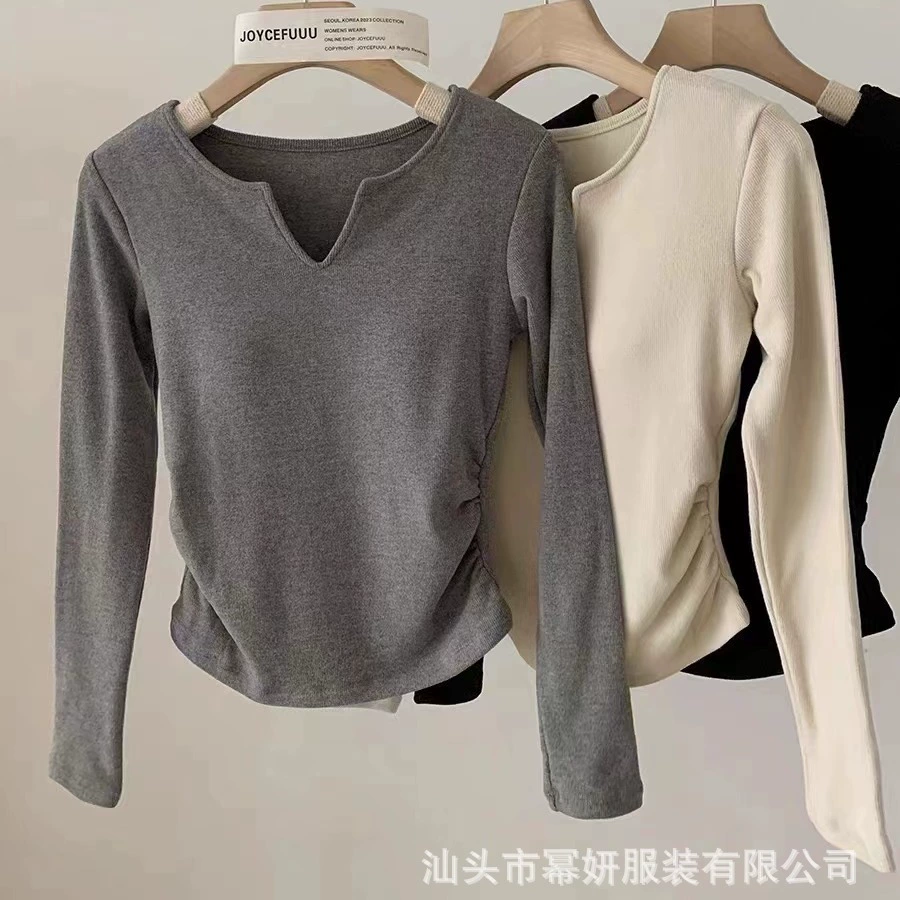 Новый стиль 89001 # шерстистый с длинными рукавами теплый топ женский удобный талия V-образный вырез с нагрудным ковриком Тонкая нижняя рубашка