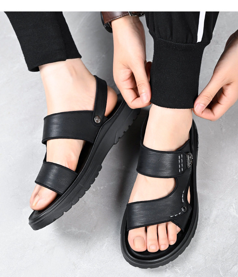 Dép sandal nam quai ngang hở ngón đế dày lót cao su mềm, đi ngoài trời và đi biển — QS991 màu kaki, QS991 màu đen chi tiết 21