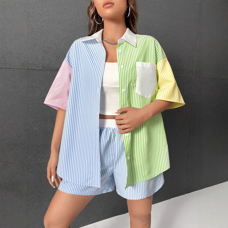 2025 Fine Striped Color-Blocking Loose Boyfriend-Style Front-Short-Back-Long Shirt with Long Sleeves, New Summer Striped Outfit 2025 Fine Striped Color-Blocking Loose Boyfriend-Style Front-Short-Back-Long Shirt with Long Sleeves, New Summer Striped Outfit