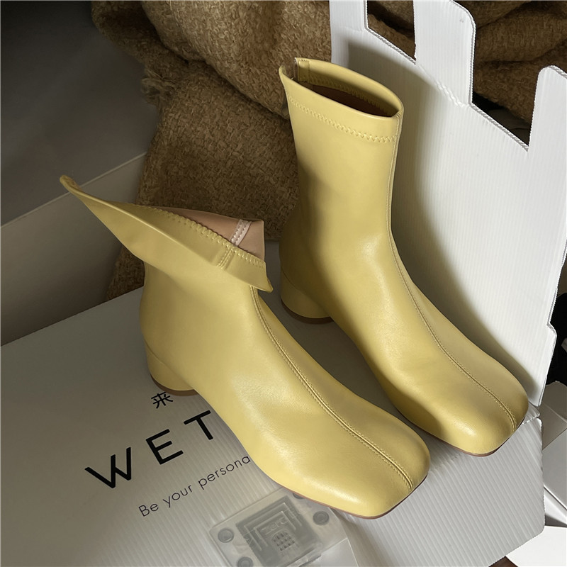 Korean Style Fashionable Square Goose Yellow Middle Heel Chunky Heel Stretch Thin Boots Fashionable Naked Boots Women's Spring and Autumn Single Boots Short Boots