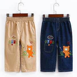 现货儿童牛仔裤春秋男童牛仔裤长裤 卡通小熊刺绣儿童休闲长裤子