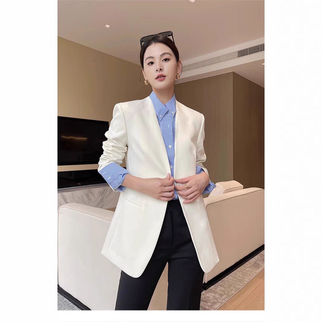 Collarless Acetic Acid White Suit Jacket Women's Elegant Socialite High-level Slim-fit New Casual V-neck Elegant Top