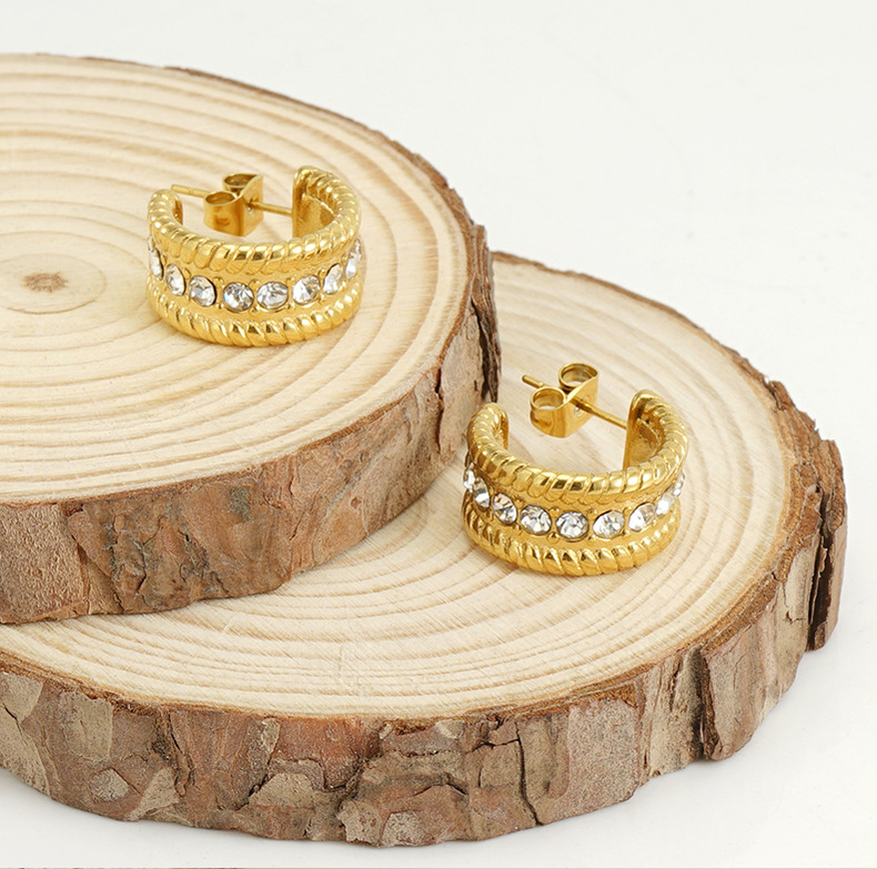 C Shape Pattern 1 Pair Fashion C Shape Plating Inlay Stainless Steel Rhinestones Ear Studs