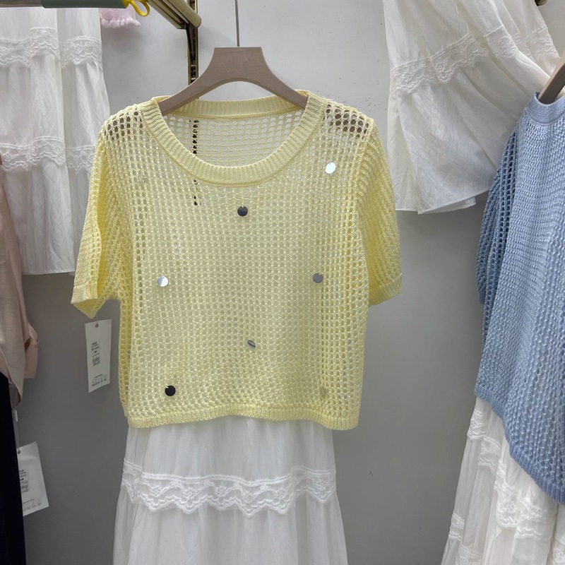 スイートガールニット半袖Tシャツレディース夏のファッション気質多用途半袖セーターハイエンドシックなスパンコールトップ|undefined