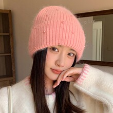 新款手工珍珠镶钻兔毛针织帽冬季户外保暖时尚轻奢护耳套头毛线帽