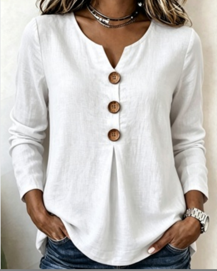 Amazon 2026 Europa y los Estados Unidos transfronterizos de verano de color sólido nuevo suelto damas de cuello V botones de algodón de lino camisa de mujer