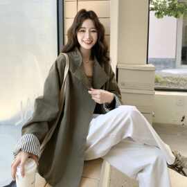 军绿色复古设计感条纹拼接风衣外套女2025秋季小个子时尚休闲上衣