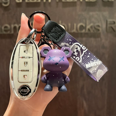 for Nissan Teana Key: Car key bag - nissan-b-smart-3-key-single-shell-white-purple-bear-pendant