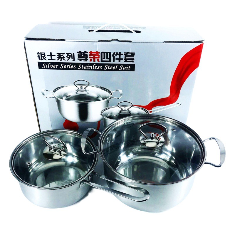 Juego de ollas de regalo conjunto de cuatro piezas engrosada olla de sopa de acero inoxidable conjunto de dos piezas conjunto de caja de regalo grande olla al por mayor