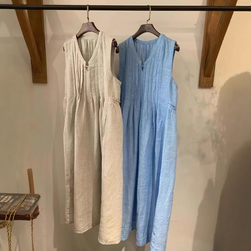 Japanese Style Linen dress Summer New Style Chest Organ Pleated Wood Ear-cut Waist Lace-up Sleeveless Long Skirt