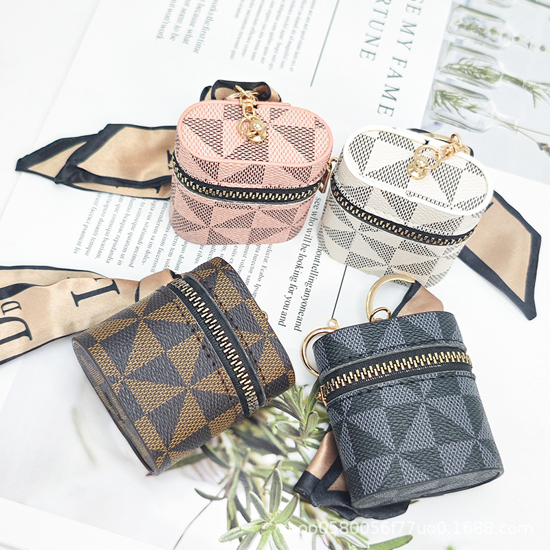 French-Style Light Luxury Pu Leather Portable Storage Bag with Geometric Pattern, Mini Card Holder, High-End Cylindrical Pendant Keychain