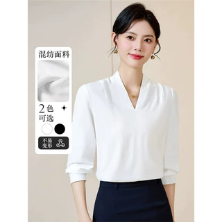 白色V领长袖女春秋2025新款高级感通勤商务雪纺衬衣职场面试正装