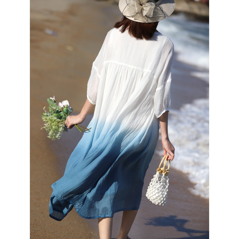 2024 Summer Loose Plus-Size Robe, Chinese Style Gradient Lightweight Ramie Zen Tea Dress, Double-Layered Large Hem Skirt_ecoleips.com