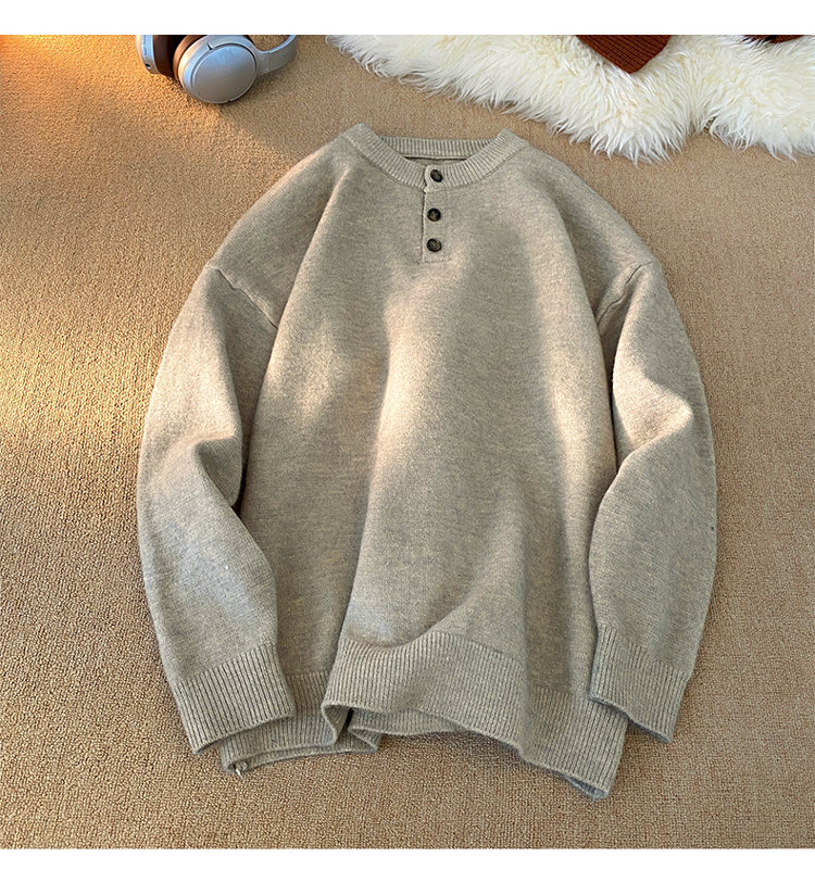 Cleanfit Henley Knit Sweater – Heavyweight Relaxed Pullover With Ribbed Hem_voghion.com