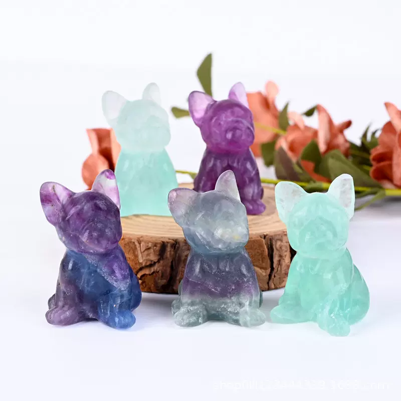天然水晶法斗狗雕刻件水晶原石紫萤石diy动物水晶工艺品摆设批发