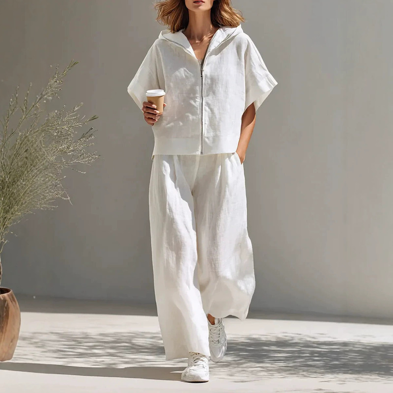 2026 New European and American Cross-Border Women's Casual Simple Style Hoodie and Wide-Leg Pants Cotton-Linen Set