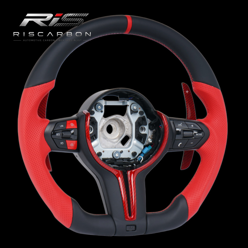 Red perforated leather grip red label steering wheel compatible with BMW F30F10F11F15F16F20F25F18F26