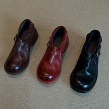 牛皮版复古英伦风厚底小皮鞋女新款魔术贴方扣单鞋粗跟懒人乐福鞋
