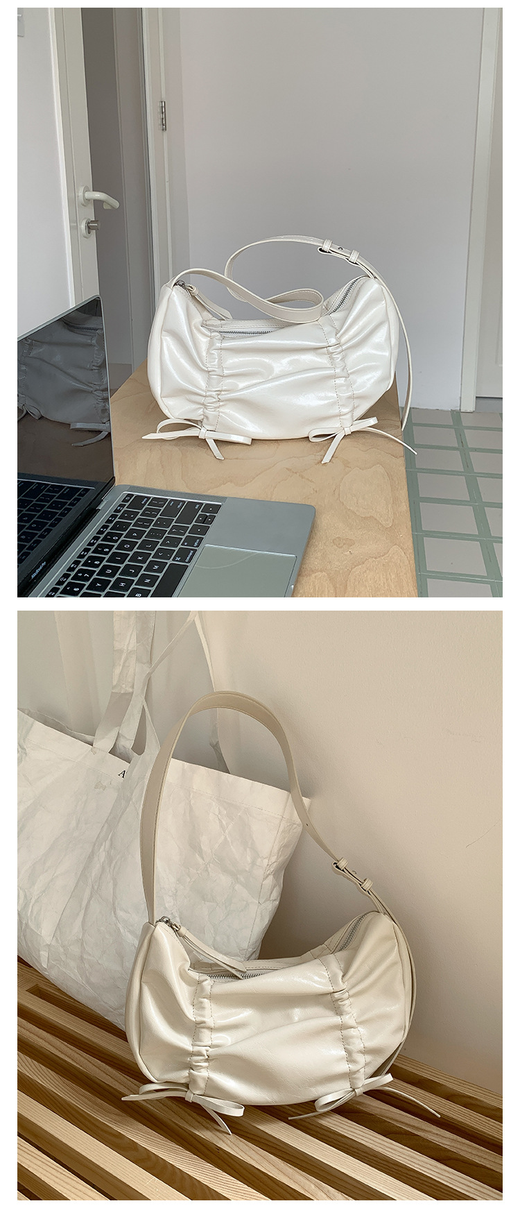 Versione coreana in morbida pelle plissettata 2024 nuovo fiocco tinta unita stile di nicchia alla moda spalla singola sotto le ascelle_voghion.com