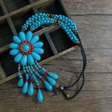 波西米亚复古项链半宝石花卉毛衣链泰国蜡线手工编织热卖复古项链