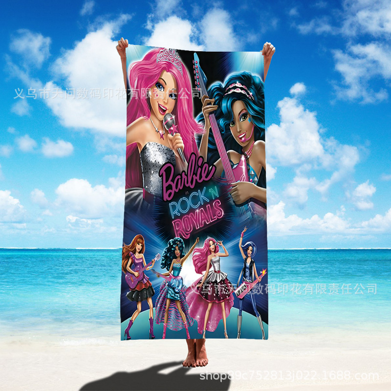Cartoon Movie Girl Barbie Beach Bath Towel Pink Storm Princess Barbie 3D Printed Polyester Beach Towel