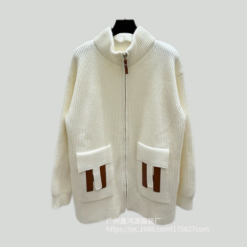 New Arrival: H+ Stylish and Unique Leather Patchwork Letter Badge Zip-Up High-Neck Knit Cardigan, Loose and Relaxed Style