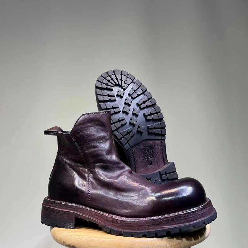 Winter Men's Genuine Leather Boots Retro Side Zipper Round Toe
