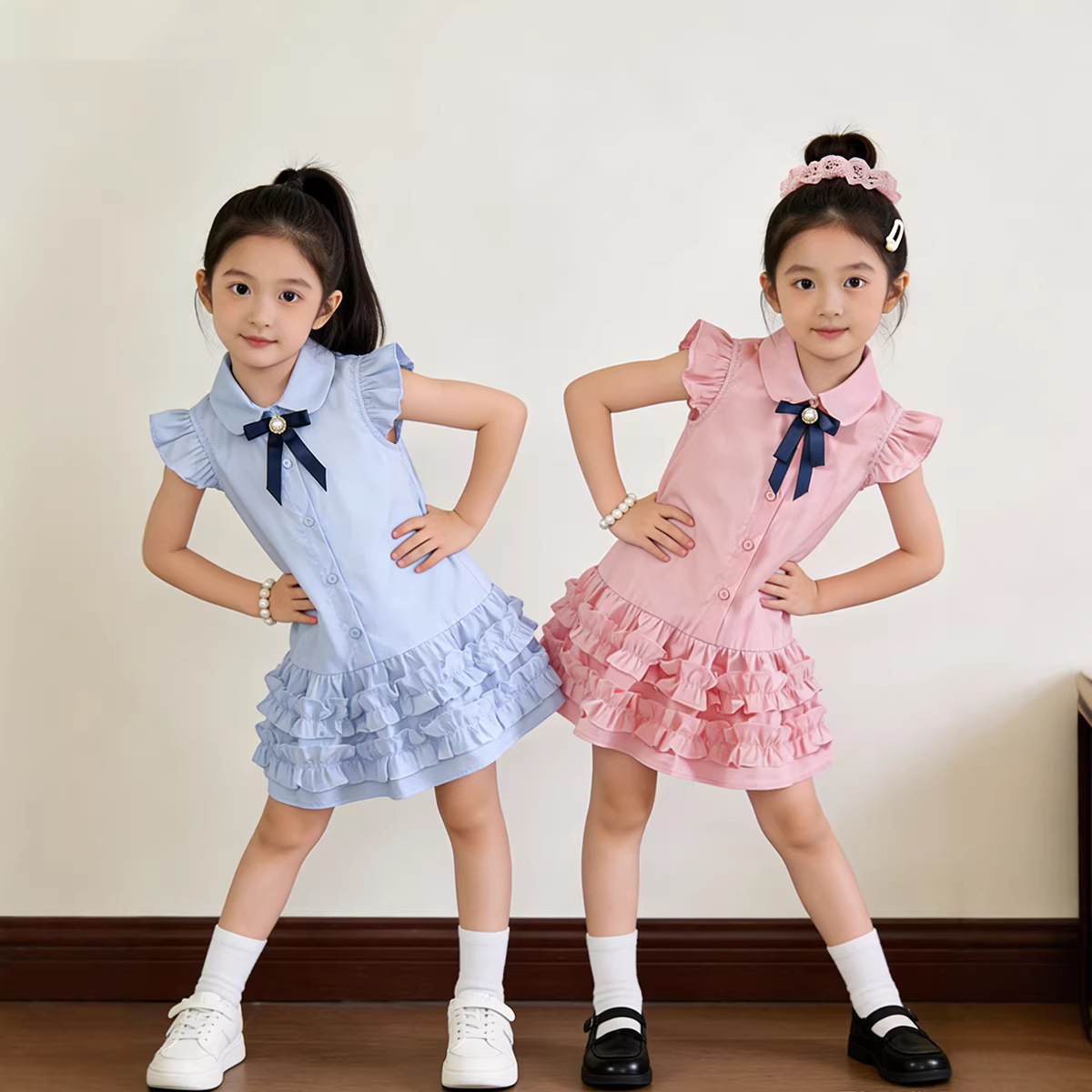 MDD Girls' dress Summer 2025 New Style Flying Sleeve Children's Von Skirt Little Girl's College Style Cake Skirt