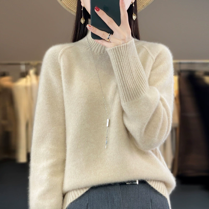 Оптовая продажа от производителя: новый стиль 2025 года, утолщенный свитер из 100% шерсти с семью иглами, высокий воротник, рукава реглан, в стиле Ван Фэй, для женщин, в наличии.