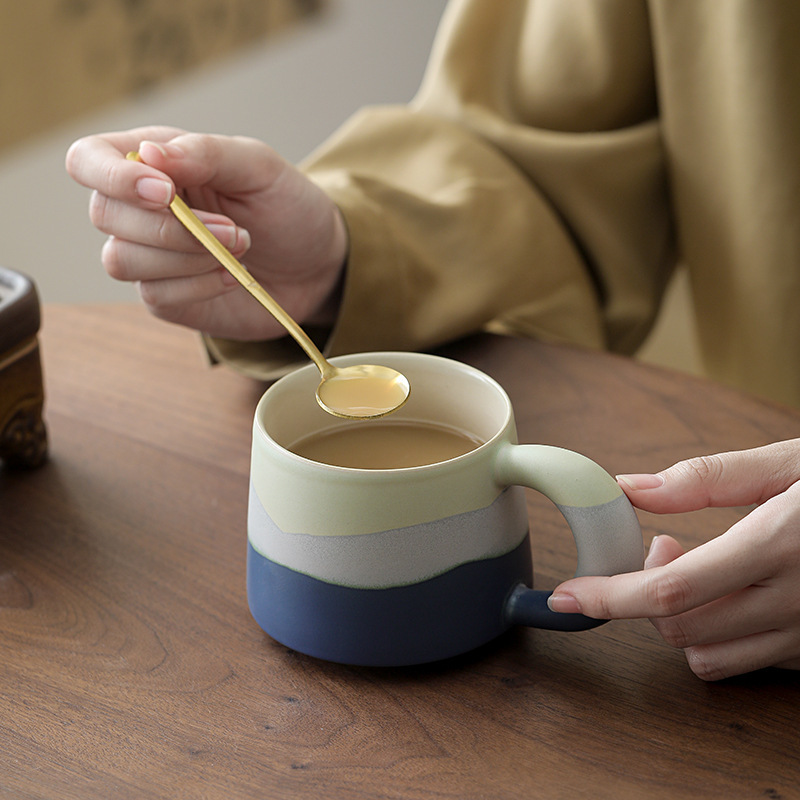 釉画三彩陶瓷咖啡杯渐变复古粗陶咖啡杯轻奢高级感美式拿铁咖啡杯|undefined