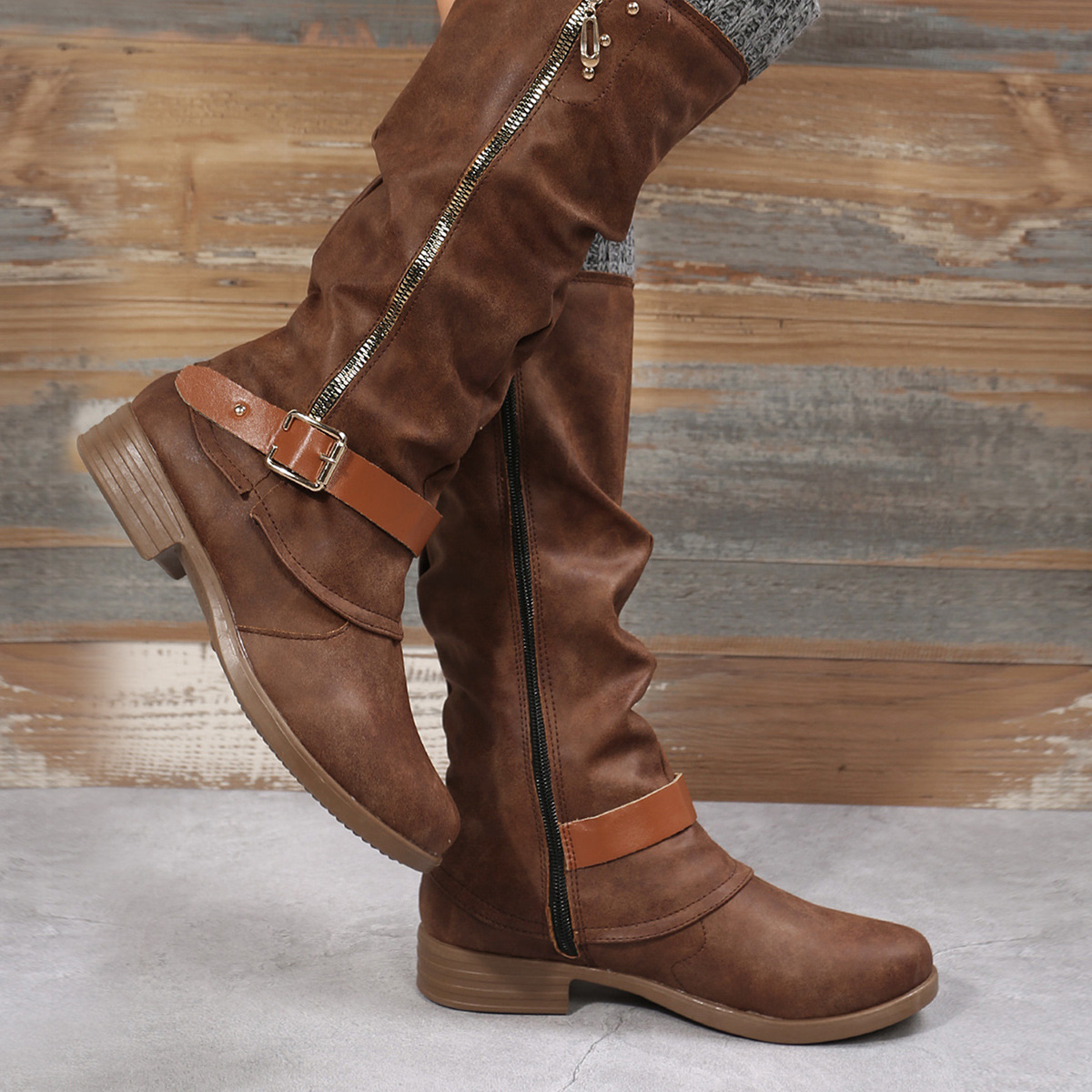New chunky heel side zip stitching boots for women_voghion.com