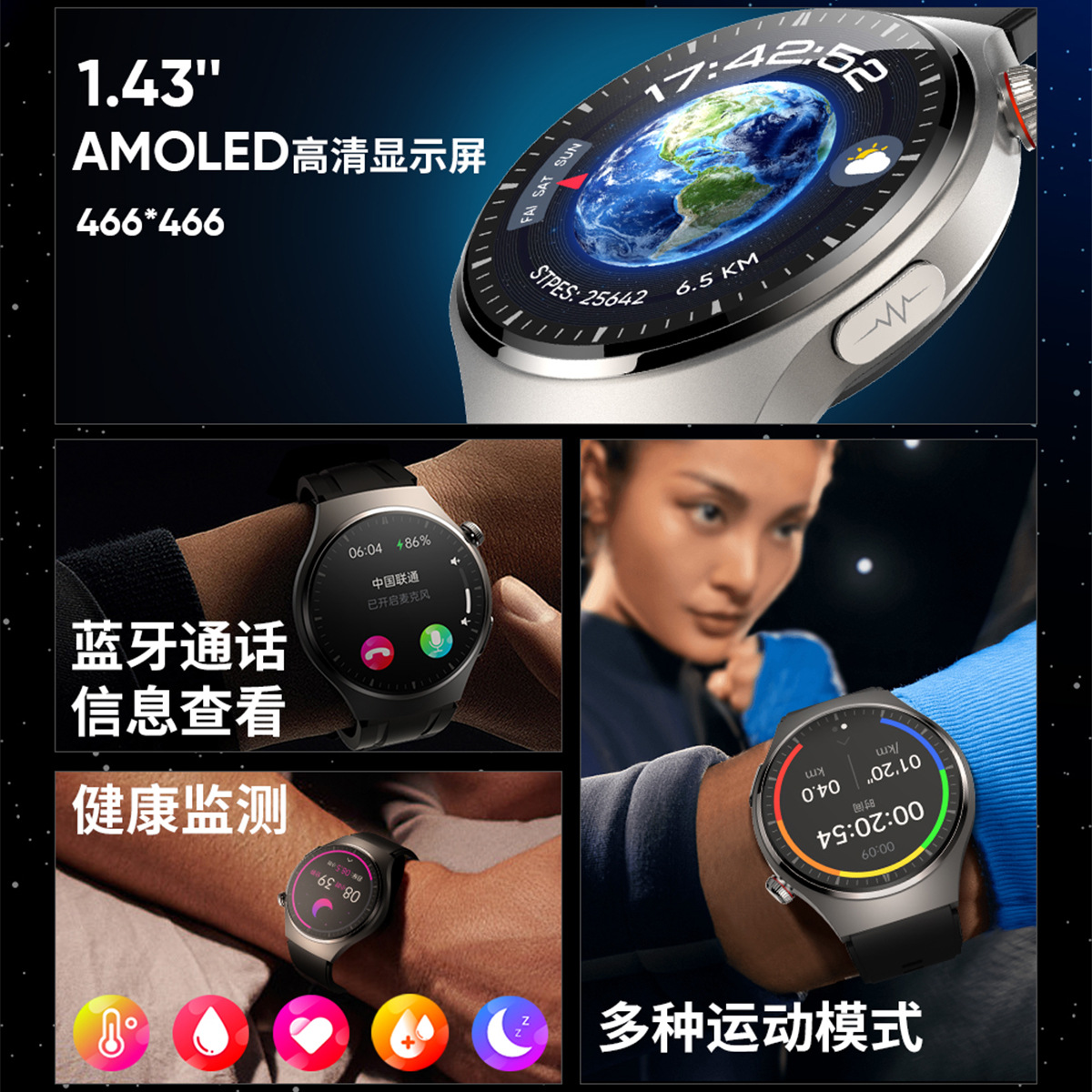 Reloj inteligente AMOLED popular de Huaqiangbei con ECG, monitorización de azúcar en sangre y temperatura corporal, reloj multifuncional S200, éxito de ventas transfronterizo