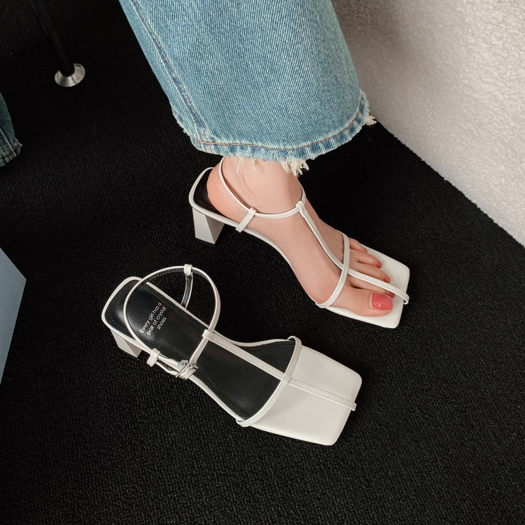 Sandal cao gót nữ quai chữ T mảnh khóa vuông mũi hở gót vuông — đen, màu đỏ tía, Màu trắng nhạt chi tiết 16
