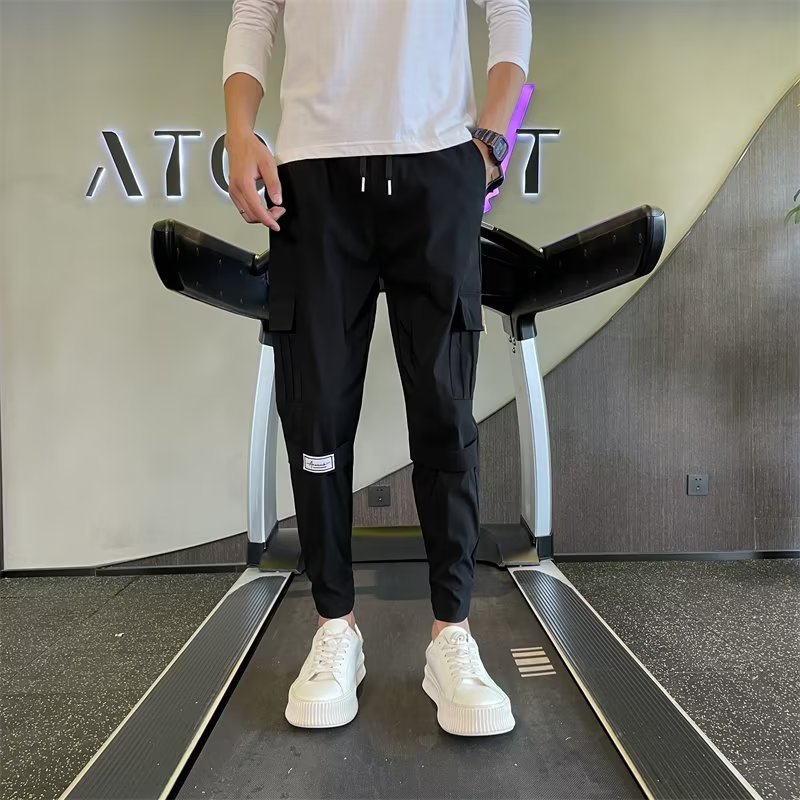 Workwear men's summer thin drawstring lace up elastic leggings cropped pants -- printable Tiktok face sheet_voghion.com
