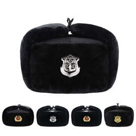 加厚保暖雷锋帽皮执勤帽徽抗寒黑色保安冬季帽苏联男物业护耳棉帽